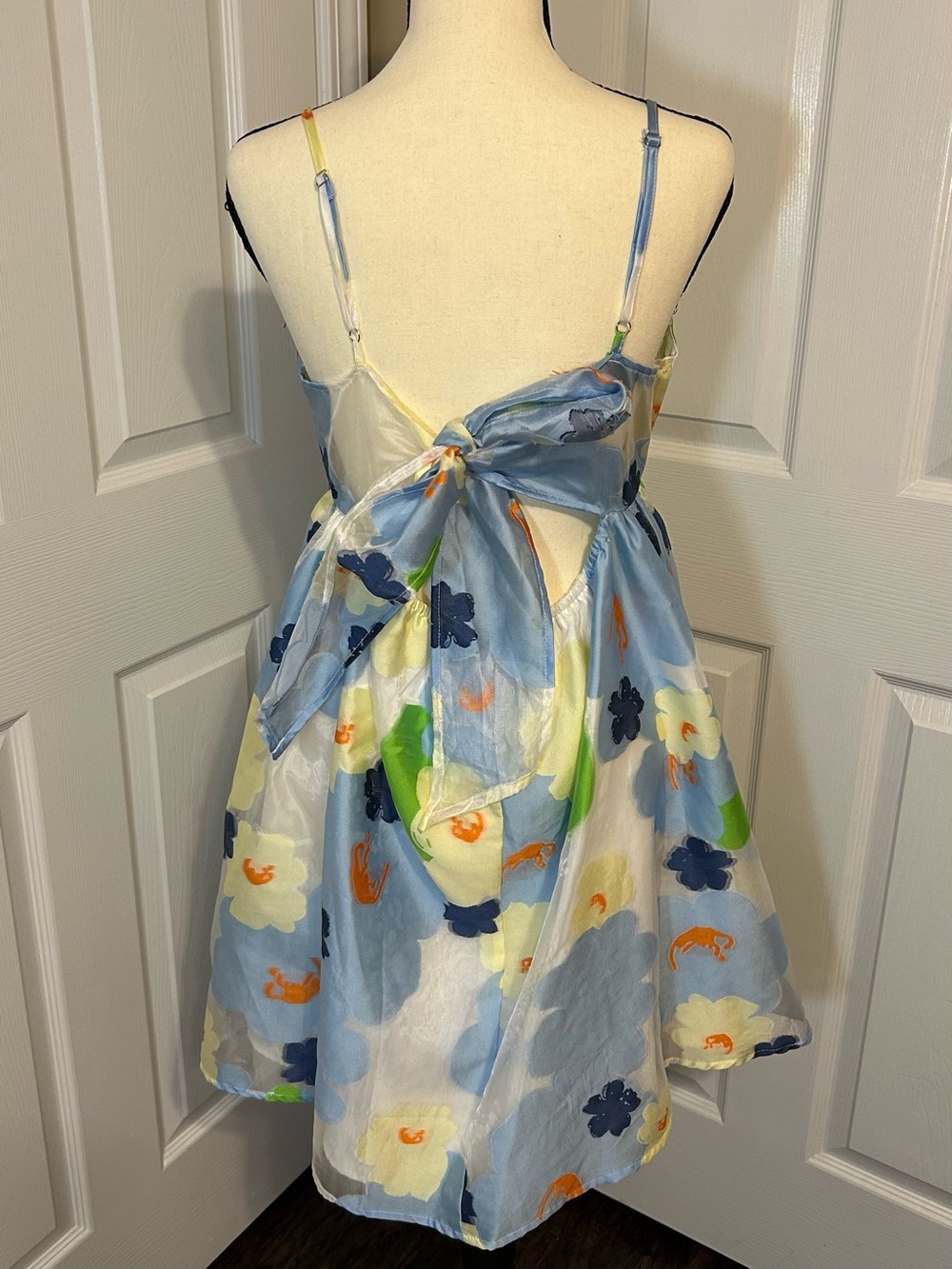Entro Floral Organza Mini Dress Blue Yellow Tie Back Watercolor Boutique Sz L - Picture 2 of 12